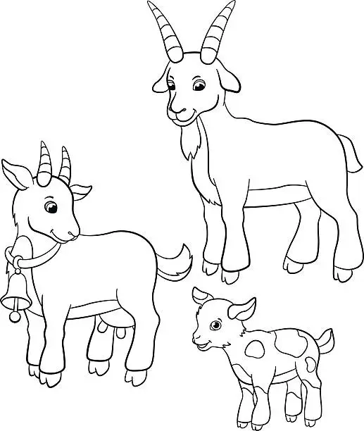 Vector illustration of Coloring pages. Farm animals. Goat family.