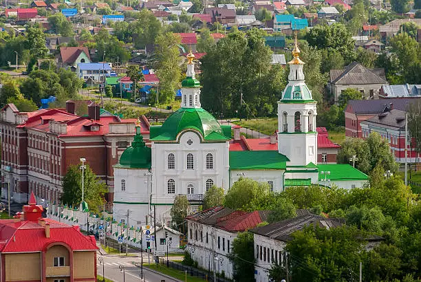 Tobolsk, Russia - July 15, 2016: View at downtown with Church of Saint Michael the Archangel