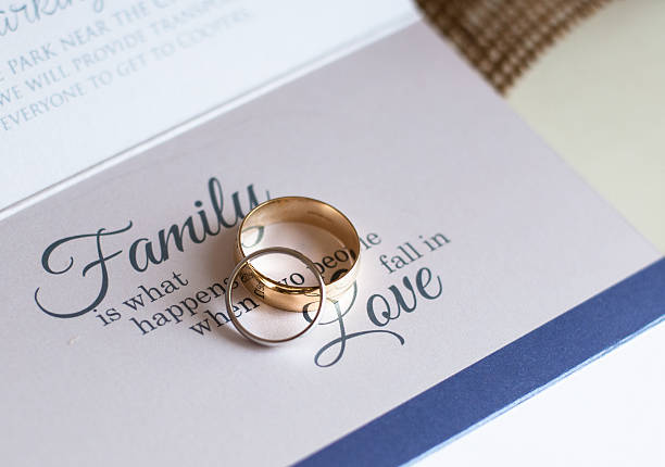 istock Wedding rings sat on a wedding invitation 564564824