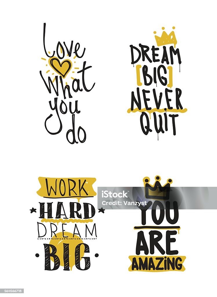 Color inspirational vector illustration set, motivational quotes Color inspirational vector illustration set, motivational quotes typographic poster. Thin marker hand drawn line icon for web, mobile icon, elements, logos, labels, badge, card, t-shirts, poster Positive Emotion stock vector
