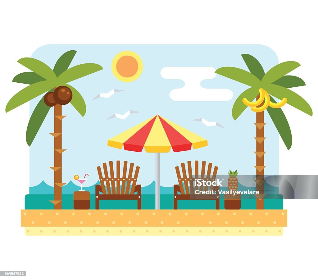 Beach umbrella and chair Beach umbrella and chair. Flat beach scene with parasol, chair, sea and palm tree. Two dackchairs and umbrella. Summer beach and ocean waves landscape. Tropical paradise with longue and umbrella Outdoor Chair stock vector