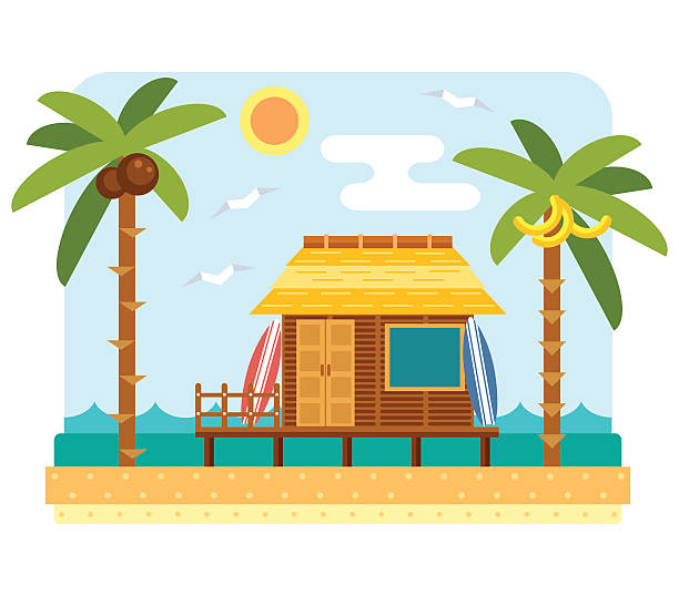 ilustrações de stock, clip art, desenhos animados e ícones de beach bungalow hotel - bora bora polynesia beach bungalow