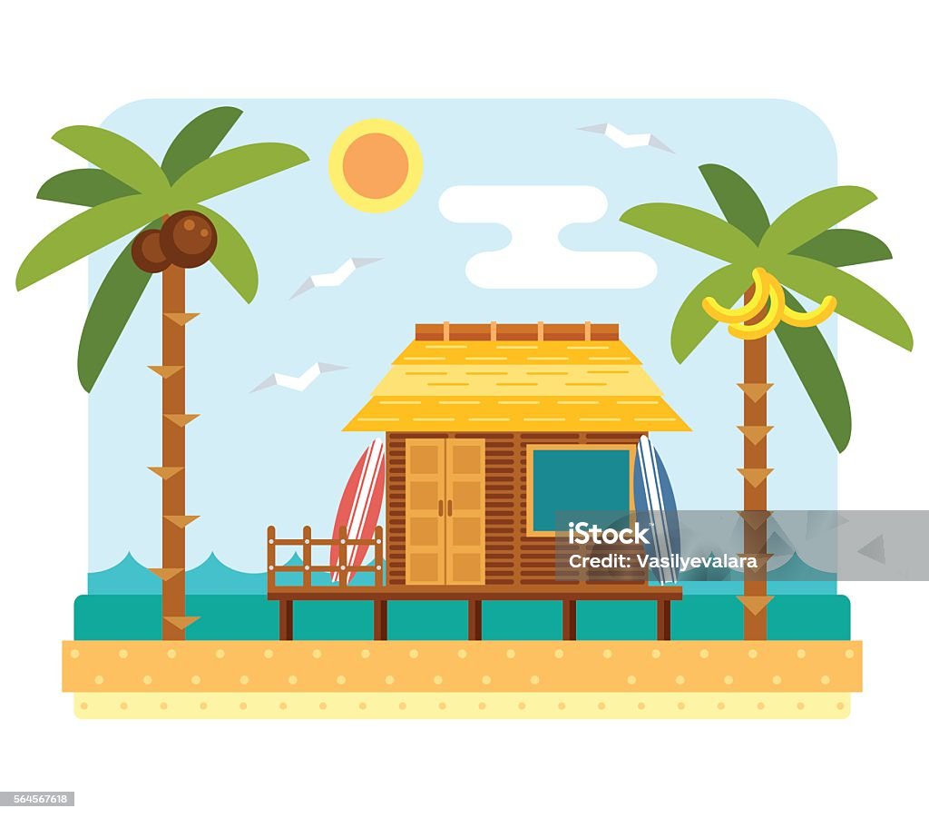 Beach bungalow hotel Beach bungalow hotel. Flat beach scene with hut, sea, send, surfboard and palm tree. Surfers bungalow with two board. Summer beach and ocean waves landscape. Bungalow hotel on coast. Tropical paradise Beach Hut stock vector