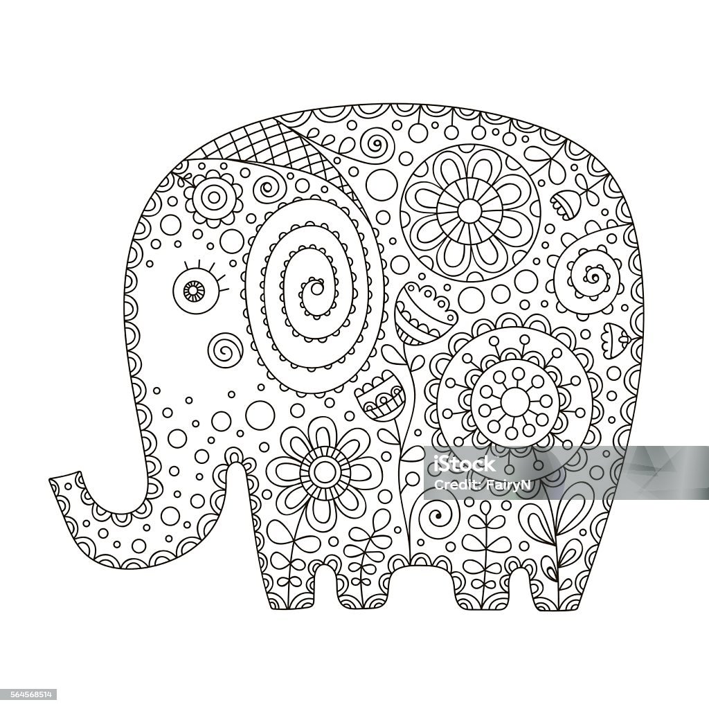 cute doodle elephant Cute doodle ethnic elephant. Vector hand drawn elephant with doodle ornament. Summer design for kids. Isolated. Coloring page for coloring book. Animal with flowers, plants and dots. Adult stock vector