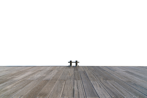 Stainless boat bollard and wooden walkway isolated on white background.