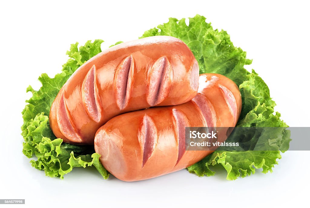 Fried sausages with lettuce isolated on white background. Barbecue Grill Stock Photo