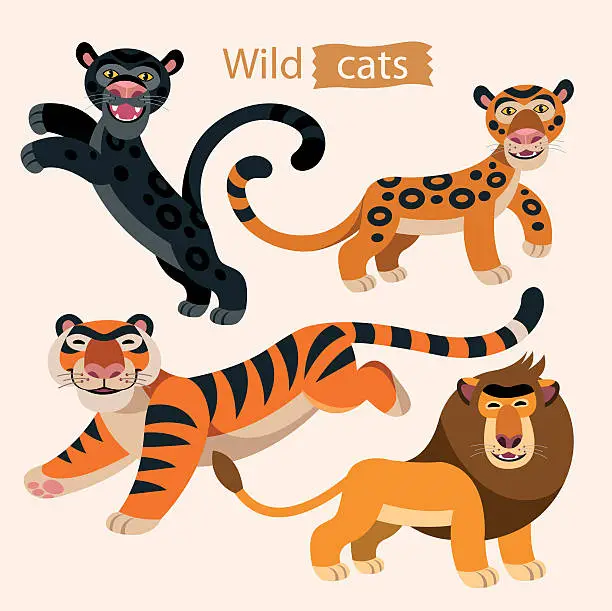 Vector illustration of Vector set of wild cats: lion, tiger, panther and jaguar.