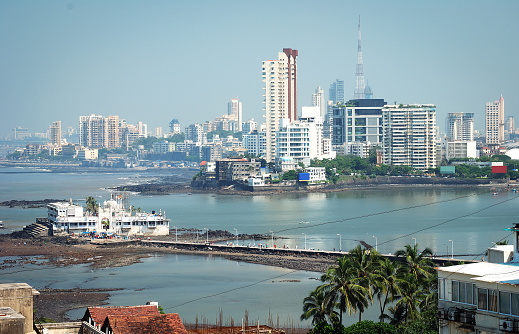 Skyline of south Mumbai's Worli sea front with Haji Ali Mosque, the only mosque in sea in India on left.