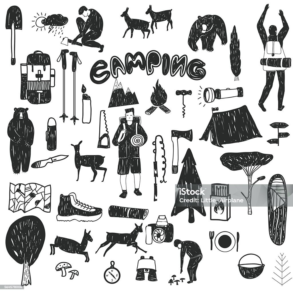 black and white camping icons Vector hand drawn cartoon seamless camping icons. Picnic, travel and camping theme. Black and white camping icons. Textil, paper, polygraphy, game, web design Drawing - Activity stock vector