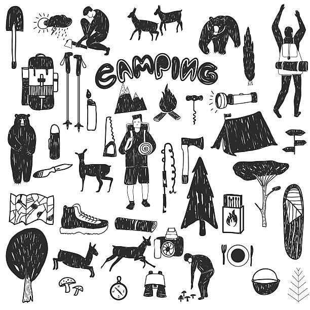 black and white camping icons Vector hand drawn cartoon seamless camping icons. Picnic, travel and camping theme. Black and white camping icons. Textil, paper, polygraphy, game, web design binoculars patterns stock illustrations