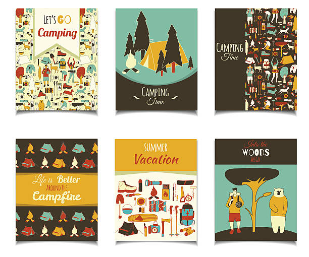 doodle camping flyer Vector card template set with cartoon camping objects. Retro color template colection for posters, greeting cards, flyers, brochure, web designs. Picnic, travel and camping theme. camping patterns stock illustrations