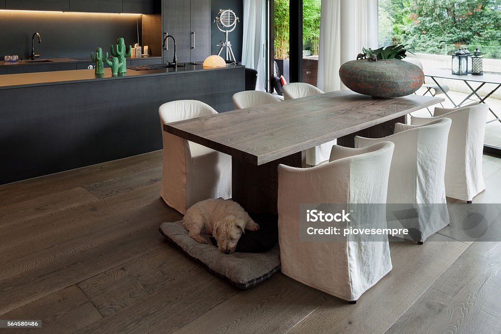 Modern dining room Modern dining room with table and floor hardwood Apartment Stock Photo