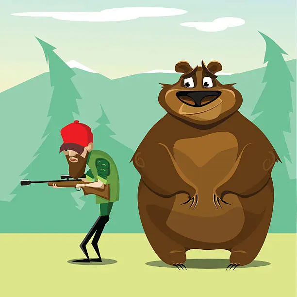 Vector illustration of Hunter in woods hunting for bear. vector. flat illustration