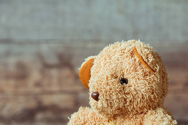 istock Cute teddy bears sitting on old wood background 564584124