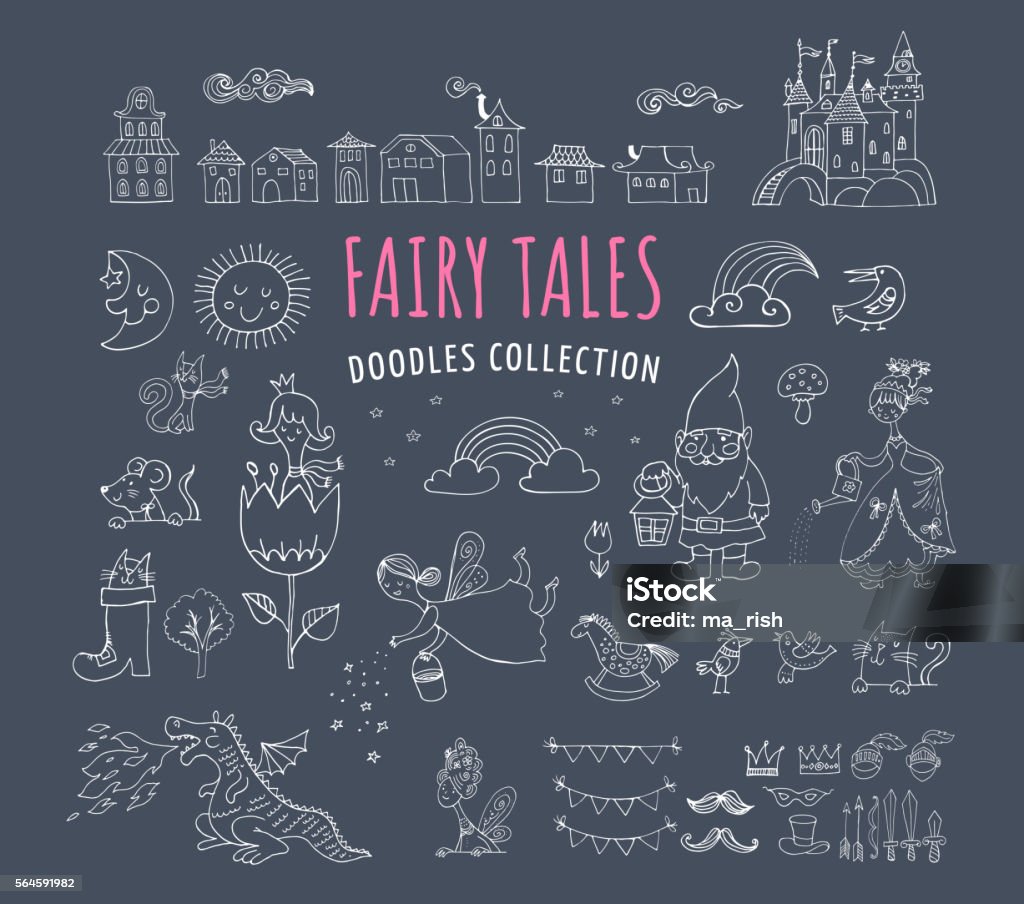 Collection of fairy tales hand drawn doodles, illustrations Doodle stock vector