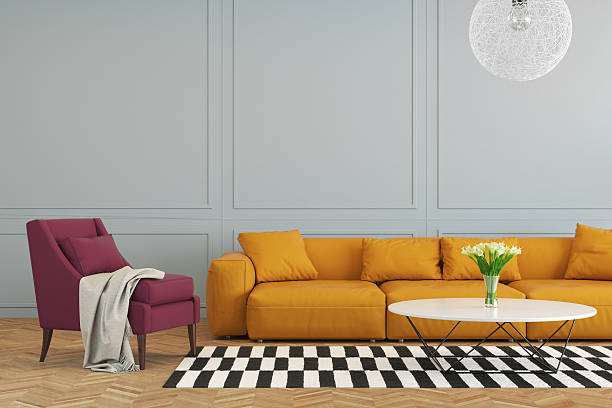 colorful living room with orange sofa - art deco miami florida florida apartment imagens e fotografias de stock