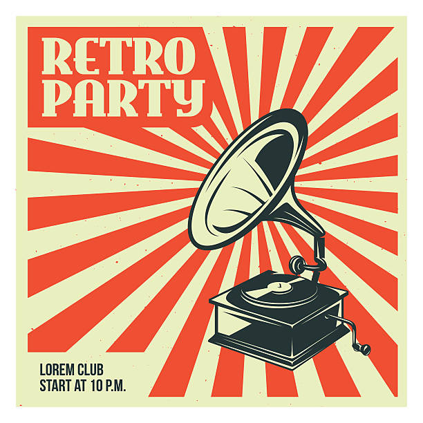 retro-party-plakat-vorlage mit alten grammophon. vektor vintage-illustration. - grammophon stock-grafiken, -clipart, -cartoons und -symbole