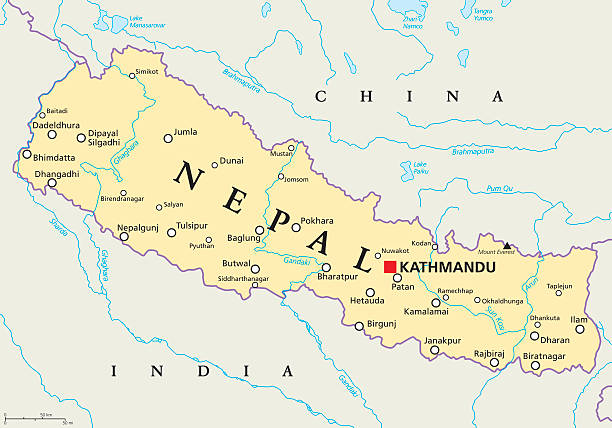 Nepal Political Map Nepal political map with capital Kathmandu, national borders, cities and rivers. Federal democratic republic and landlocked country in South Asia, bordered to China and India. English labeling. brahmaputra river stock illustrations