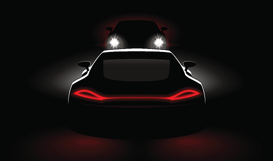 cars to a meeting crash in the dark with the headlights and taillights, vector illustration