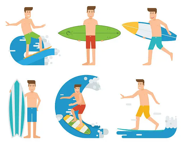 Vector illustration of Surfing People Set