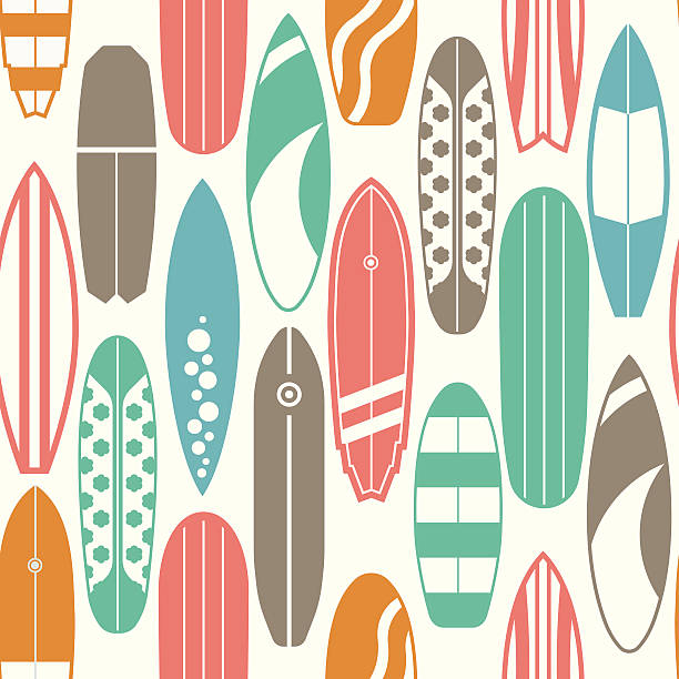 Surfing Pattern Background Sea surfing pattern with different type surf desks. Surfboard seamless background in retro colors. Summer travel illustration. Outline surfboards backdrop. breaking wave stock illustrations