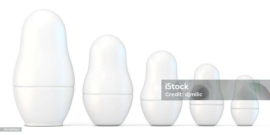Set of white unpainted matryoshka dolls. 3D Set of white unpainted matryoshka dolls. 3D render illustration isolated on white background Russian Nesting Doll Stock Photo