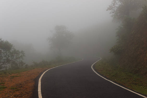 A winding road disappears into a forest on an extremely foggy day in Kerala, India. 