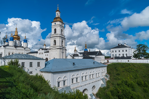 Tobolsk, Russia - July 15, 2016: Kremlin. View on Sofia vzvoz, Rentereya, belltower and St Sophia-Assumption Cathedral