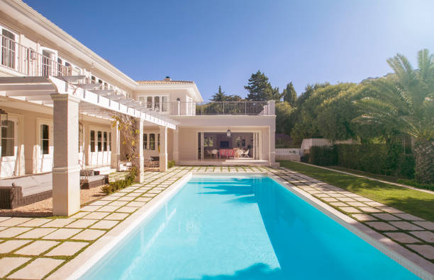 istock Lap swimming pool along luxury house 568518329