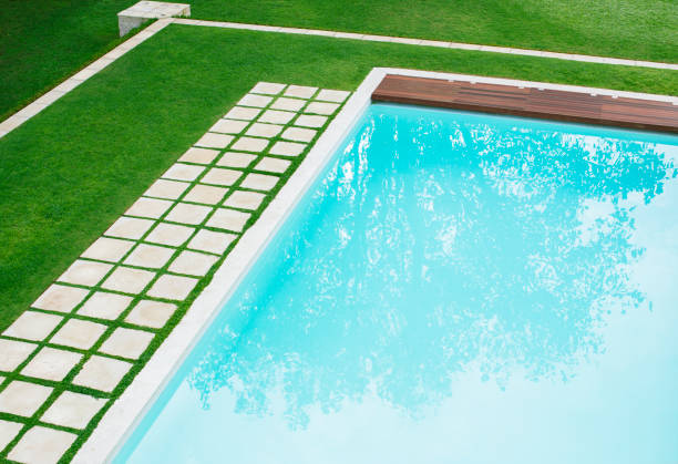istock Paving stones in a row along swimming pool in backyard 568518383