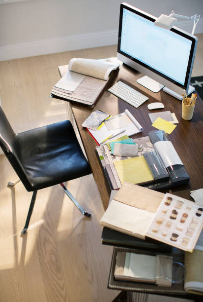 istock High angle view of interior designers desk 568518513