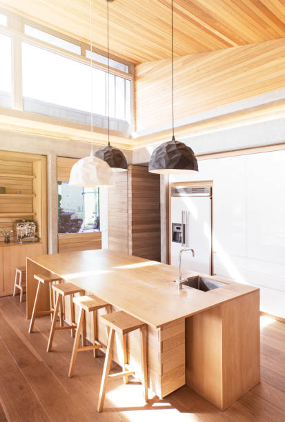 istock Modern pendant lights hanging over wooden kitchen island 568518741
