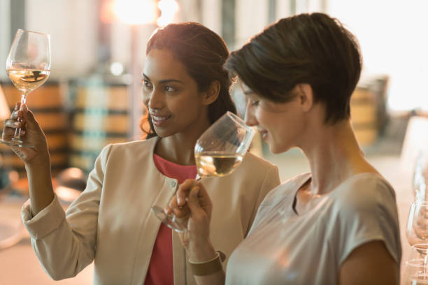 dégustation de vin pour femmes à la cave - millésime photos et images de collection