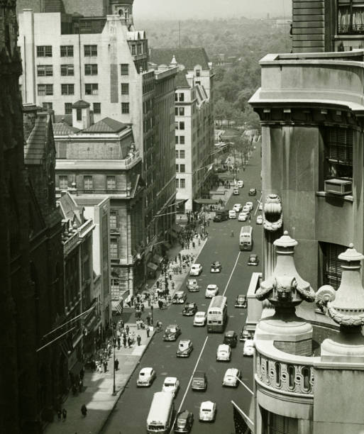 Fifth Avenue, New York City, (B&W), (High angle view)  1940s style stock pictures, royalty-free photos & images