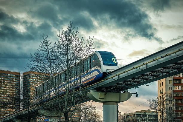 istock Monorail train runs above the street in Moscow 576548820