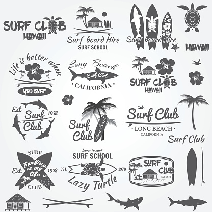 Set of retro vintage badges and labels. For web design, mobile and application interface, also useful for infographics. Surf club and surf school design. Vector illustration.