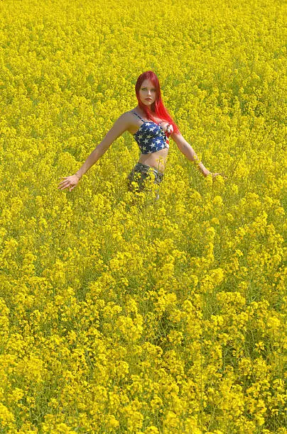 A beautiful young girl stands alone in a rape field in full bloom.  She wears a short stars and stripes top