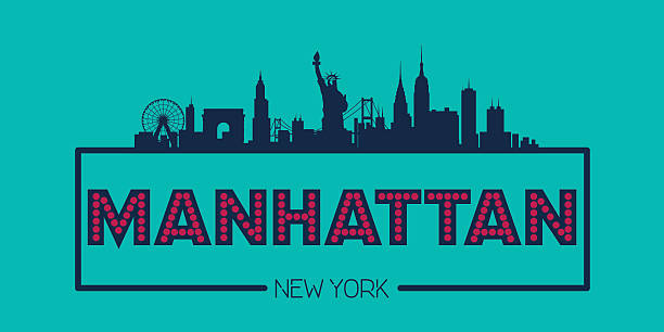 illustrazioni stock, clip art, cartoni animati e icone di tendenza di skyline di manhattan di nuovo york sagoma piatto - new york city skyline silhouette manhattan