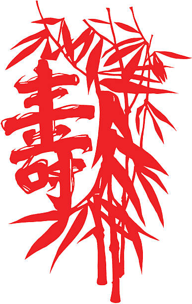 중국 상형 문자 " 수명" 및 대나무. - asian culture bamboo zen like red stock illustrations