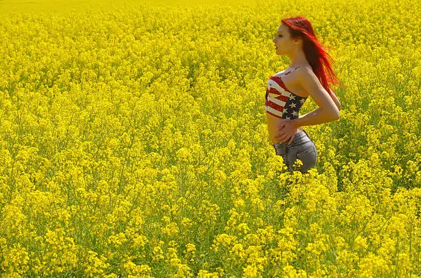 A beautiful young girl stands alone in a rape field in full bloom.  She wears a short stars and stripes top