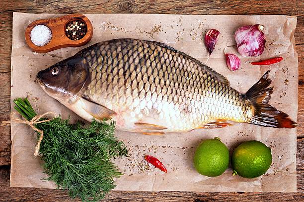 istock Fresh raw carp fish with lime, dill and garlic 576554214