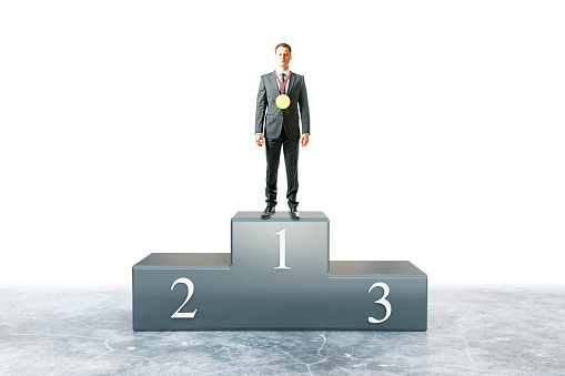 Businessman with medal on first place pedestal. 3D Rendering