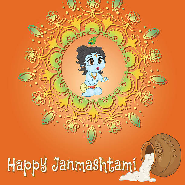 Happy Janmashtami with little baby God Krishna in anime style Hand drawn little baby god Krishna in anime style. With a pot of porridge with mandala words happy janmashtami. Cute baby blue with black hair and brown eyes from India on orange gradient background Krishna Janmashtami stock illustrations
