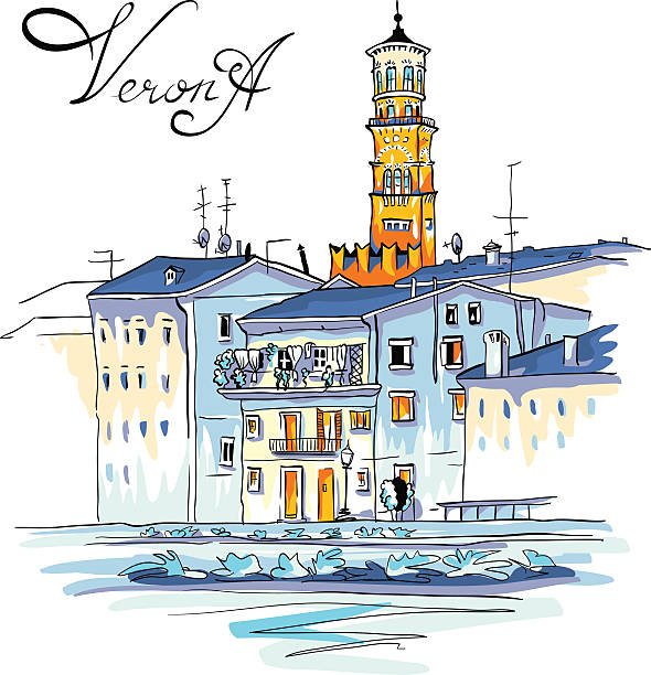 nabrzeże rzeki vector adige w: werona, włochy - torre dei lamberti stock illustrations