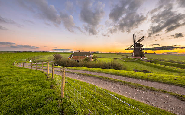 molino de viento de madera holandés en un paisaje de hierba plana - friesland fotografías e imágenes de stock