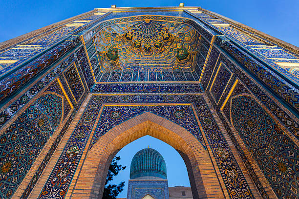 Outer gate of the Mausoleum of Tamerlane the conqueror, in Samarkand, Uzbekistan. Outer gate of the tomb of Tamerlane. samarkand stock pictures, royalty-free photos & images