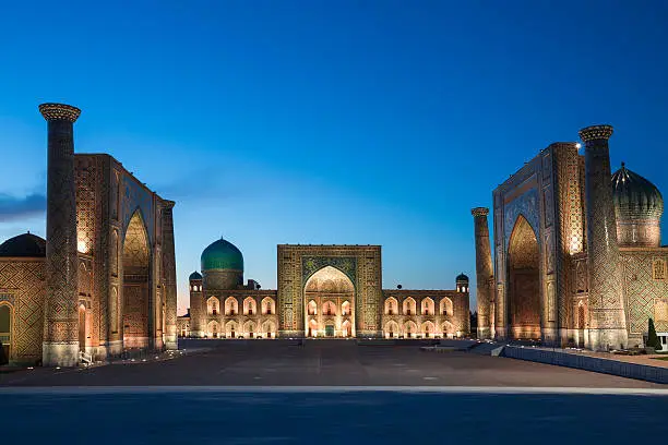 Madrasahs in the Registan Square at the twilight in Samarkand, Uzbekistan.
