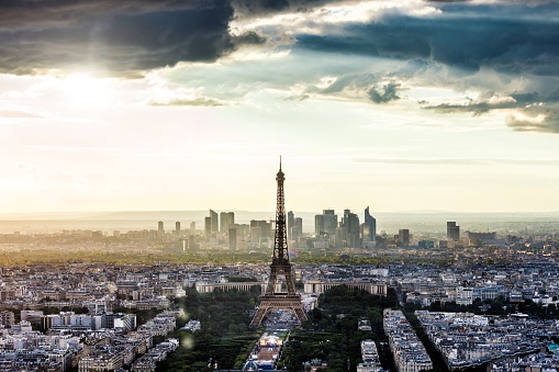 France, Paris skyline, Eiffel Tower and cityscape seen from an aerial point of view.