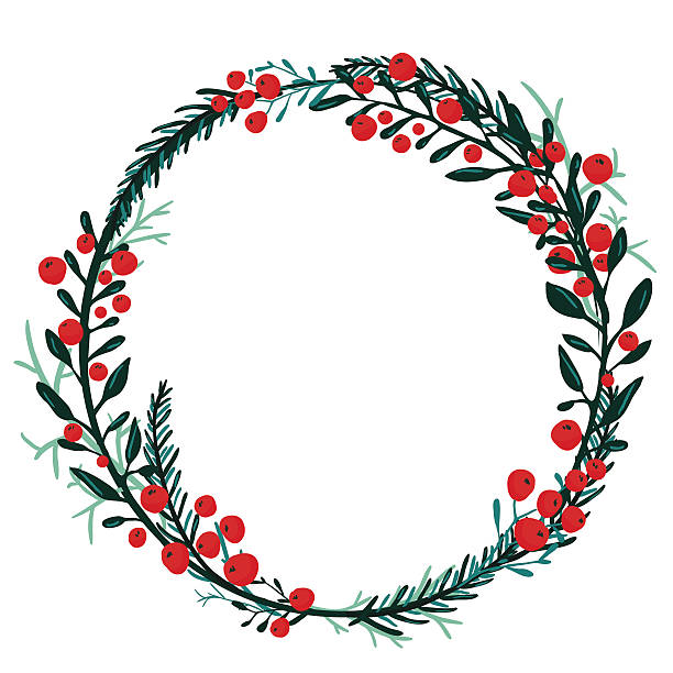 Hand drawn wreath with red berries and fir branches. Hand drawn wreath with red berries and fir branches. Round frame for Christmas cards and winter design. Vector layout with copyspace vector food branch twig stock illustrations