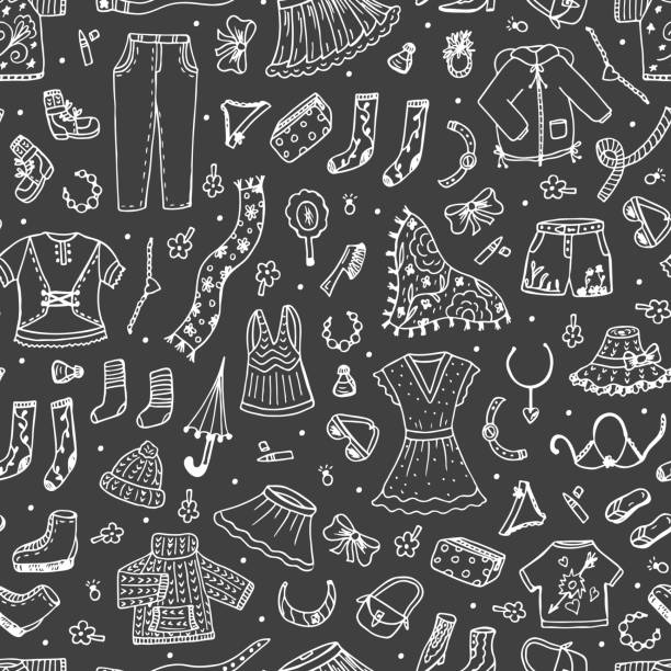 ilustrações, clipart, desenhos animados e ícones de mulheres de rabiscos desenhados à mão com roupas perfeitas padrão. fundo de roupas de moda - wool scarf backgrounds knitting